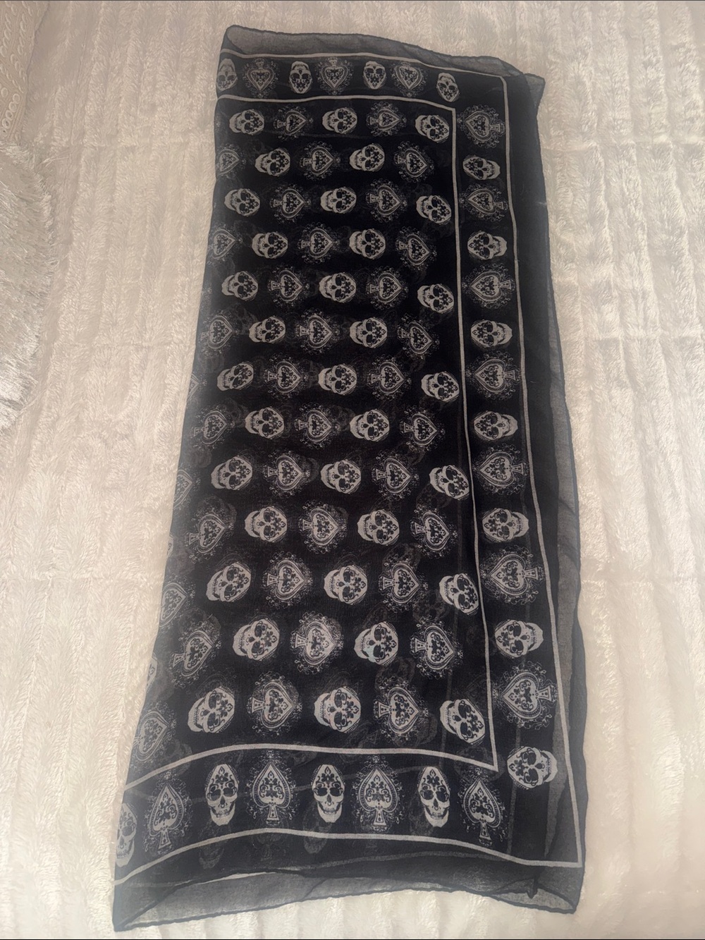 Black Sheer Scarf with White Skull & Heart Motif